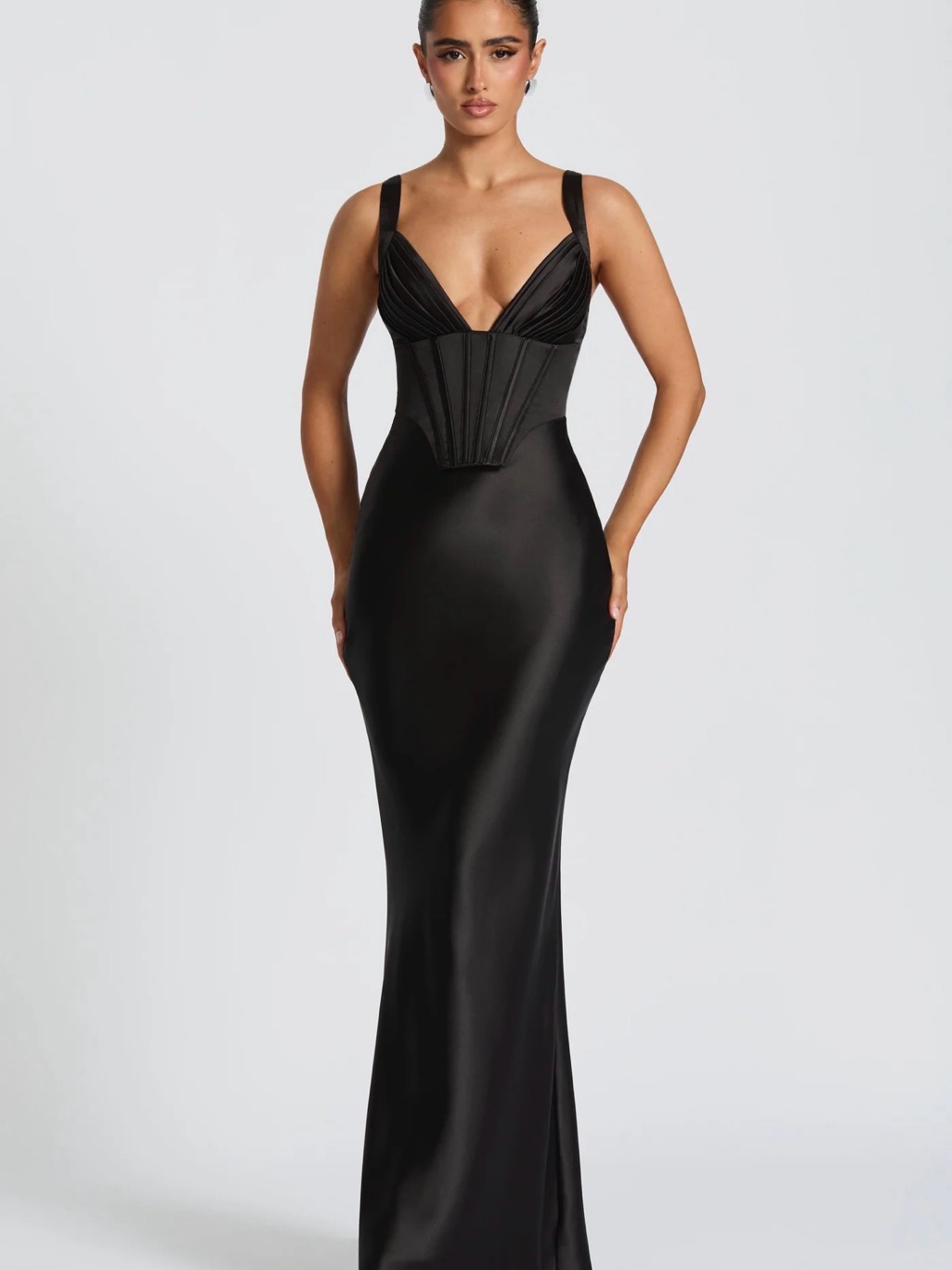Elegant Black Corset-Detail Satin Gown - Women Dresses